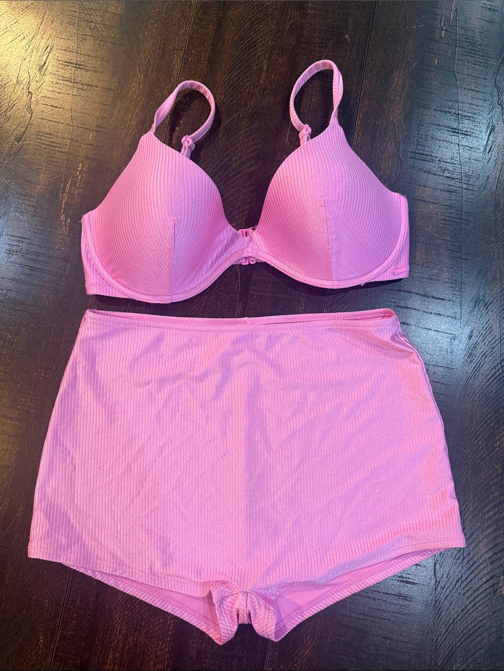 PINK Victoria's Secret Ribbed Light Pink Bikini Bra and High-Waist Bottoms